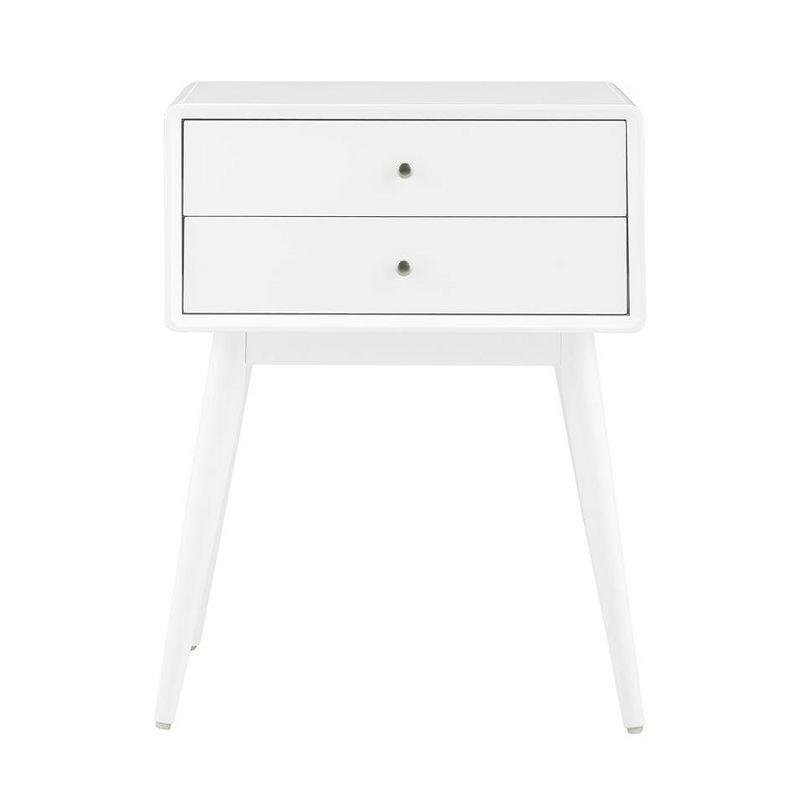 Mid-Century Modern White Wood and Metal Nightstand with Dual Drawers