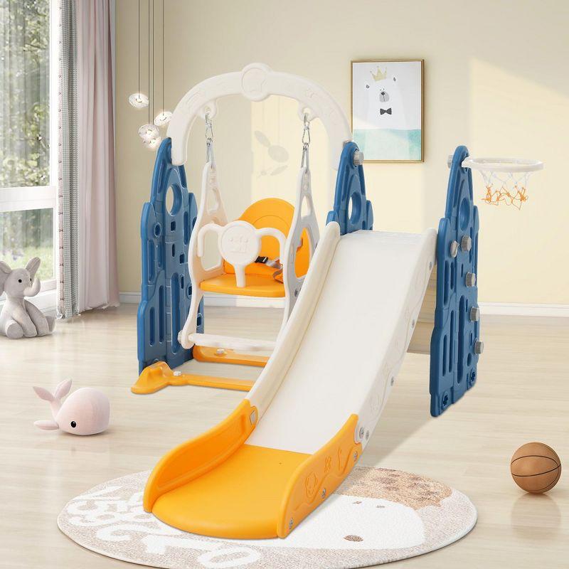 Blue and Orange 4-in-1 Toddler Slide Swing Set with Basketball Hoop