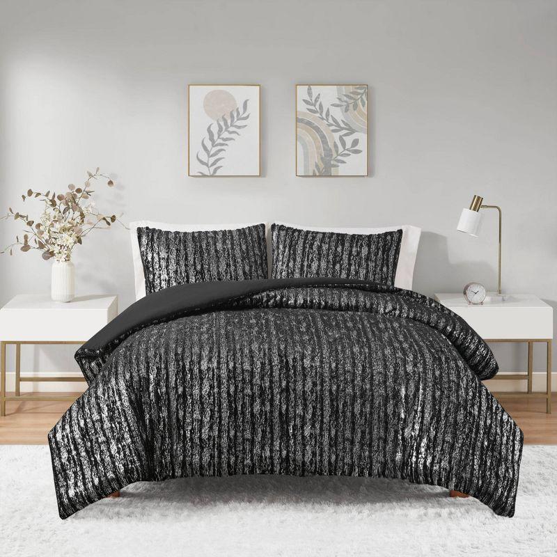 Naomi Black and Silver Faux Fur Full/Queen Duvet Cover Set