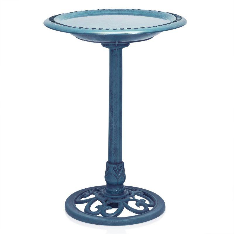 Blue Pedestal Birdbath with Scrollwork Base and Stakes