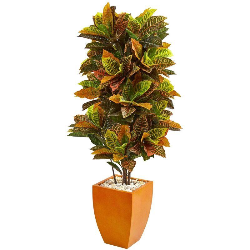 Vibrant 5.5ft Croton Silk Plant in Retro Orange Planter