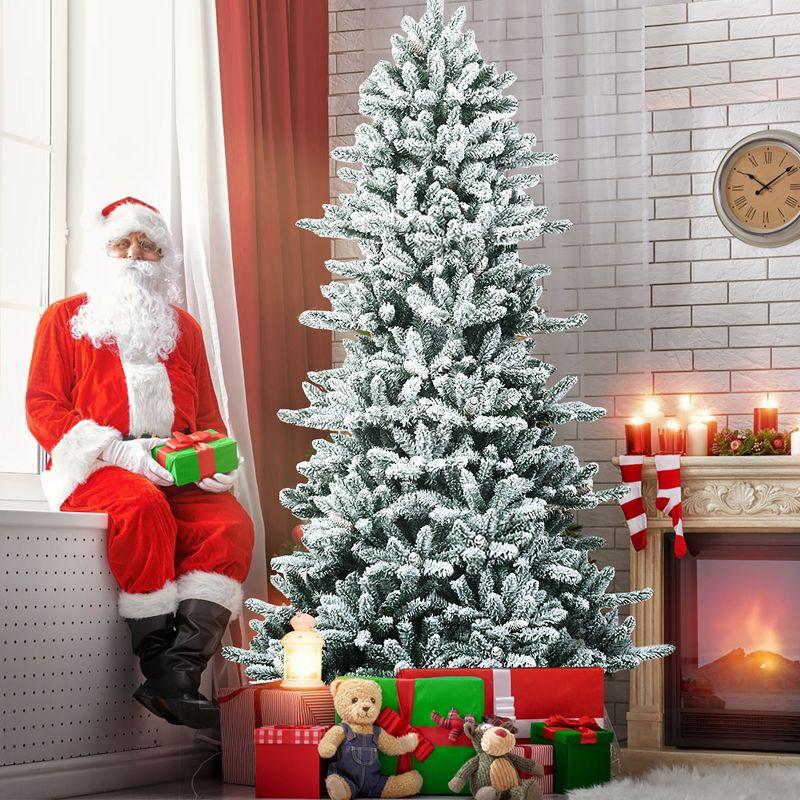 Costway 7Ft Premium Hinged Snow Flocked Slim Artificial Christmas Fir Tree w/ Pine Cones