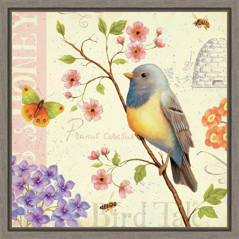 Spring Birds and Bees Watercolor Canvas Print with Gray Frame