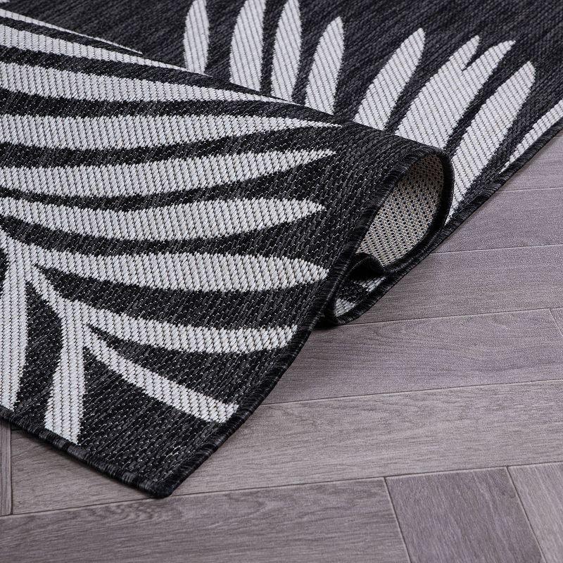 Tropical Palm Leaves Black Synthetic Flatwoven Reversible Rug - 2'x7'