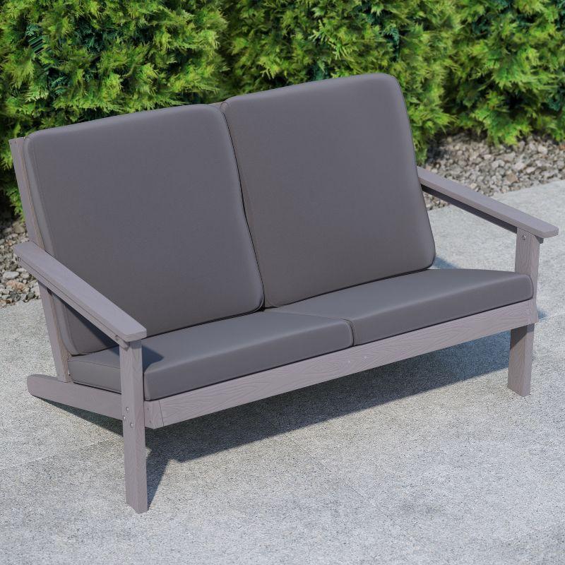 Flash Furniture Charlestown All-Weather Poly Resin Wood Adirondack Style Deep Seat Patio Loveseat with Cushions, Gray/Gray