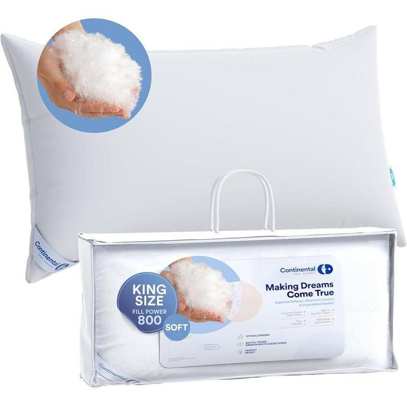 Continental Bedding Siberian 800FP 100% Goose Down Pillow Soft Support King Size Pack of 1