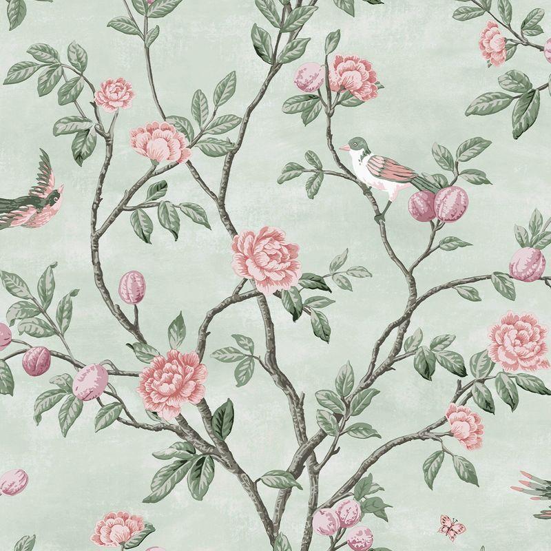 Eau de Nil Floral Bird Botanical Removable Wallpaper