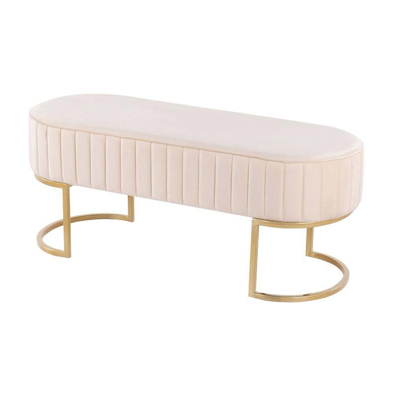 Contemporary 41" White Velvet Pleated Bench with Gold Frame