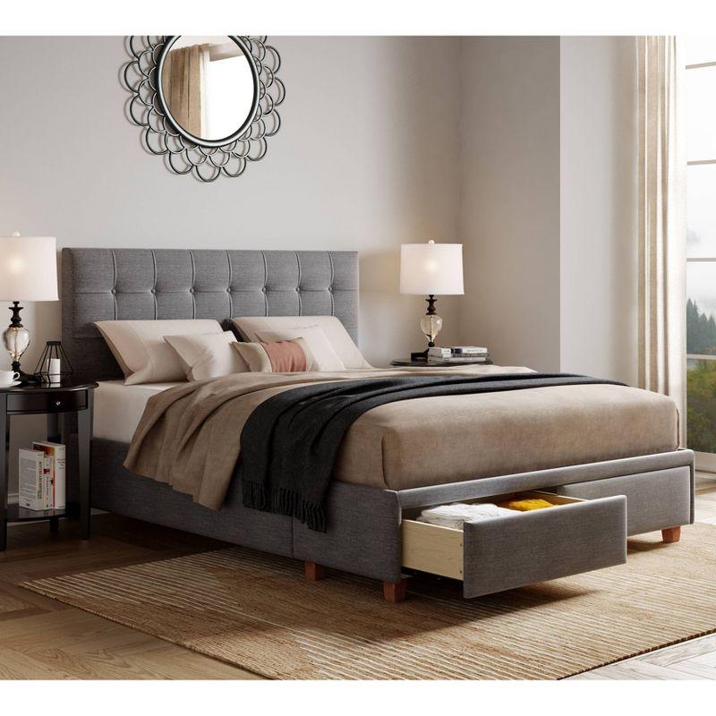 Plush Dark Gray Queen Upholstered Bed with Tufted Headboard and Storage Drawers