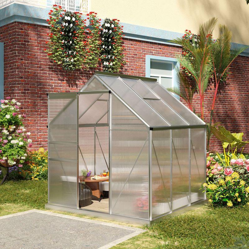 Outsunny Aluminum Greenhouse, Polycarbonate Walk-in Garden Greenhouse Kit with Adjustable Roof Vent, Rain Gutter and Sliding Door for Winter, Silver