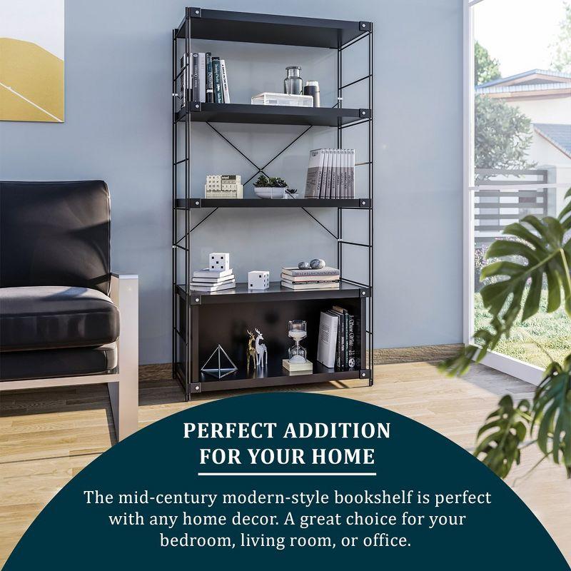 LeisureMod Etagere 4 Shelves Bookcase with Black Stainless Steel Frame and Melamine Board Shelves