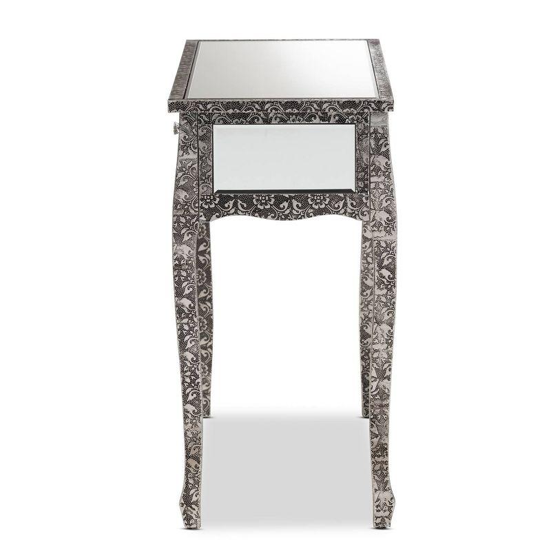 Elegant Silver Mirrored 2-Drawer Console Table with Floral Metal Trim