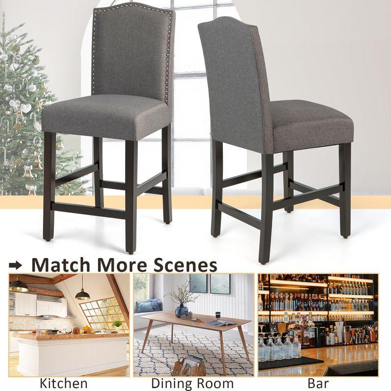 Costway Set of 2 Upholstered Bar stools 25''  Counter  Height Chairs with Rubber Wood Legs Grey
