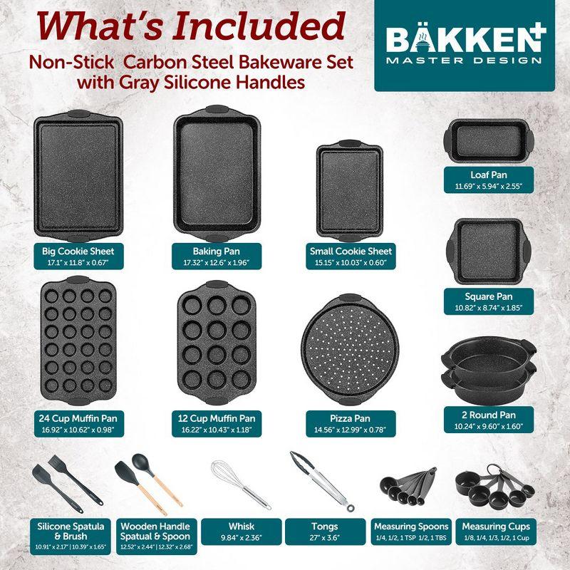 BAKKEN 18-Piece Nonstick Oven Baking Set: Gray Marble Coating, Carbon Steel, Silicone Handles, Dishwasher Safe, PFOA-Free, Professional Quality