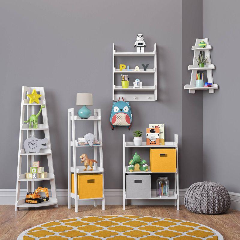 White Wood Kids Corner Ladder Shelf with Adjustable Tiers