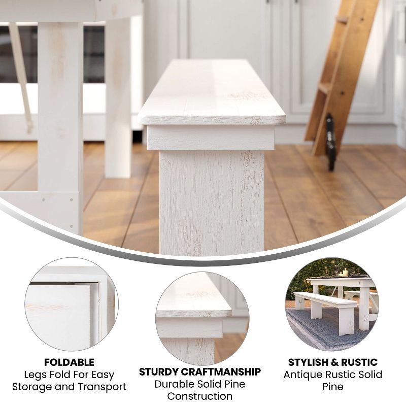 Flash Furniture HERCULES Series 8' x 12" Antique Rustic Solid White Pine Folding Farm Bench with 3 Legs