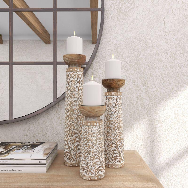 Set of 3 Rustic Cylindrical Mango Wood Candle Holders Off White - Olivia & May: Elegant Tabletop Decor