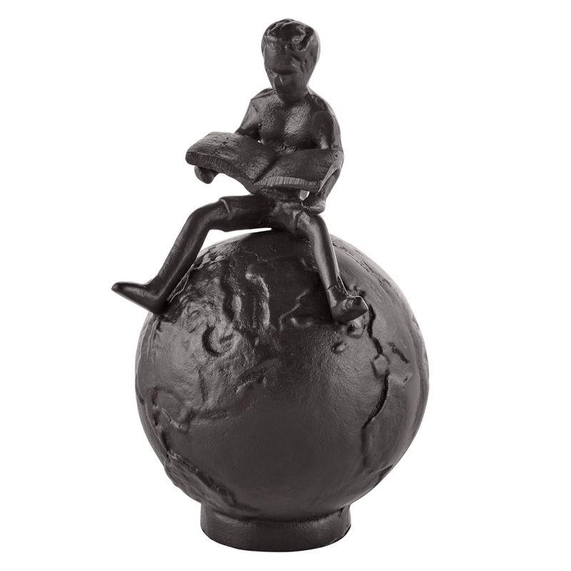 Bronze Cast Iron Boy Reading on Globe Tabletop Sculpture