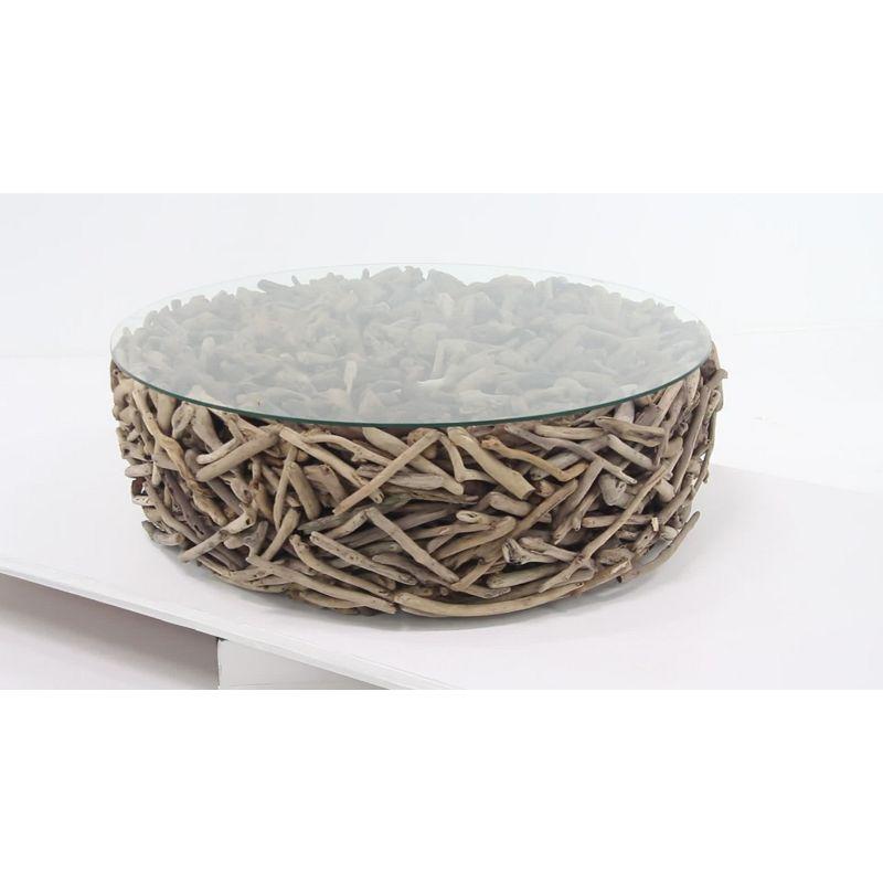 Natural Driftwood & Glass Round Outdoor Coffee Table - 49" Brown