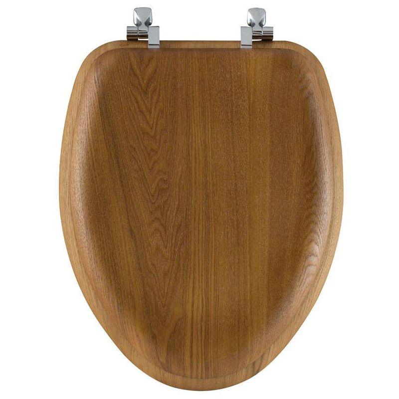 Bemis Elongated Oak Wood Toilet Seat with Chrome Hinges