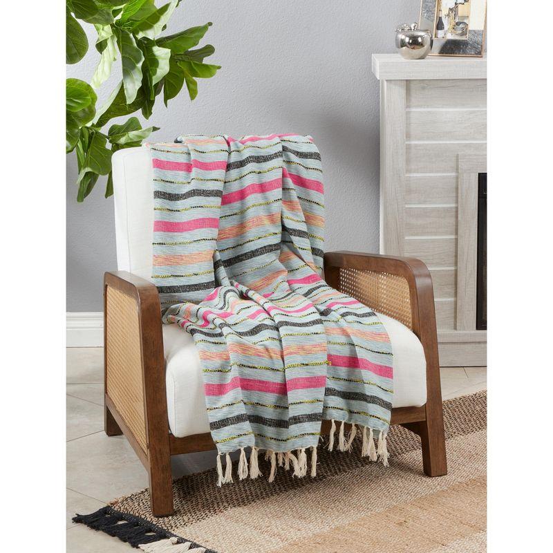 Reversible Multi-Color Stripe Throw Blanket with Tassels