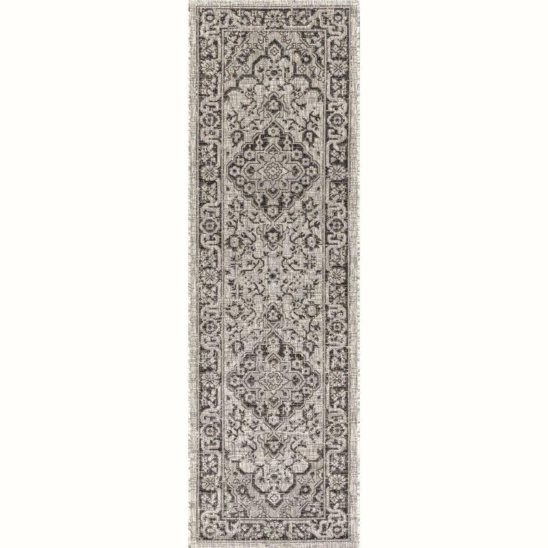 2'x8' Rozetta Boho Medallion Textured Weave Indoor/Outdoor Runner Rug, Gray/Black - JONATHAN Y