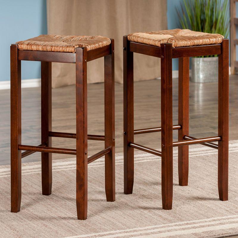 2pc Kaden Set Barstool Rush Seat Walnut - Winsome: Woven Square, Wooden Frame, Fixed Height
