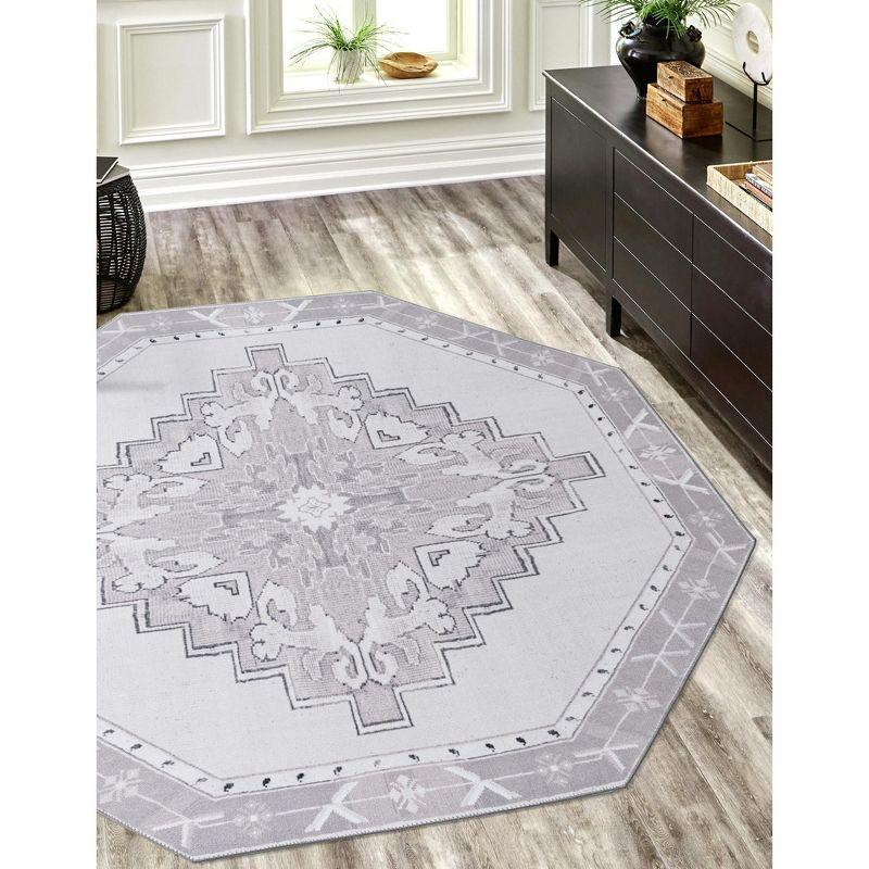 White Gray Octagon Chenille Flat Woven Area Rug