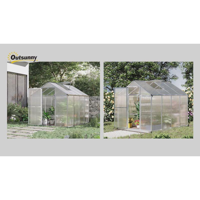 Outsunny Walk-In Polycarbonate Greenhouse with Roof Vent for Ventilation & Rain Gutter, Hobby Greenhouse for Winter