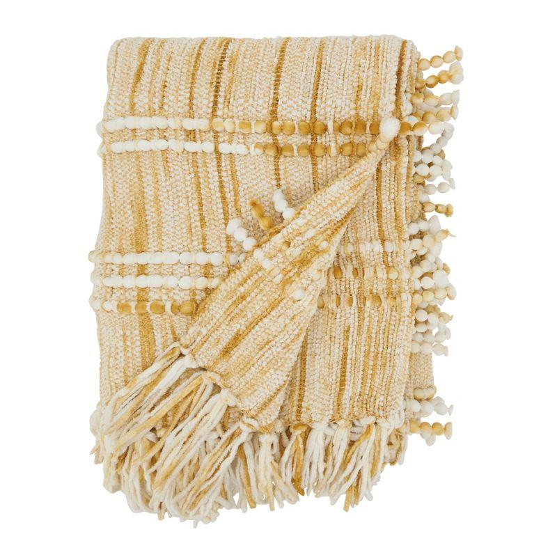 Rustic Gold and White Fringed Chenille Cotton Throw Blanket