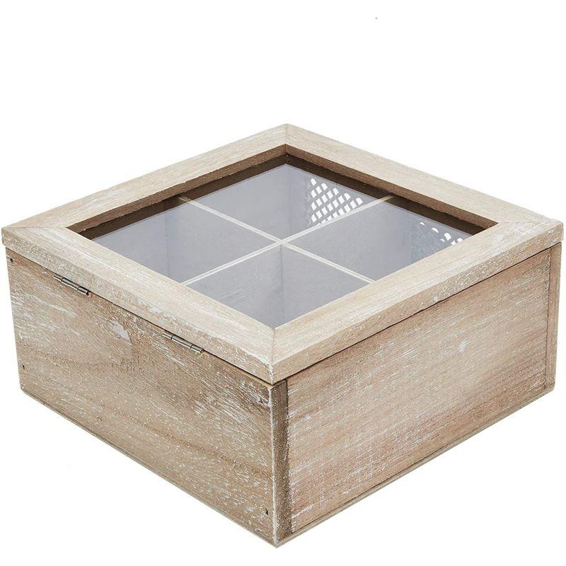 Juvale Wooden Box for Tea Bags Organizer, Rustic 4-Compartment Container with Clear Lid, 7 x 7 x 3 In