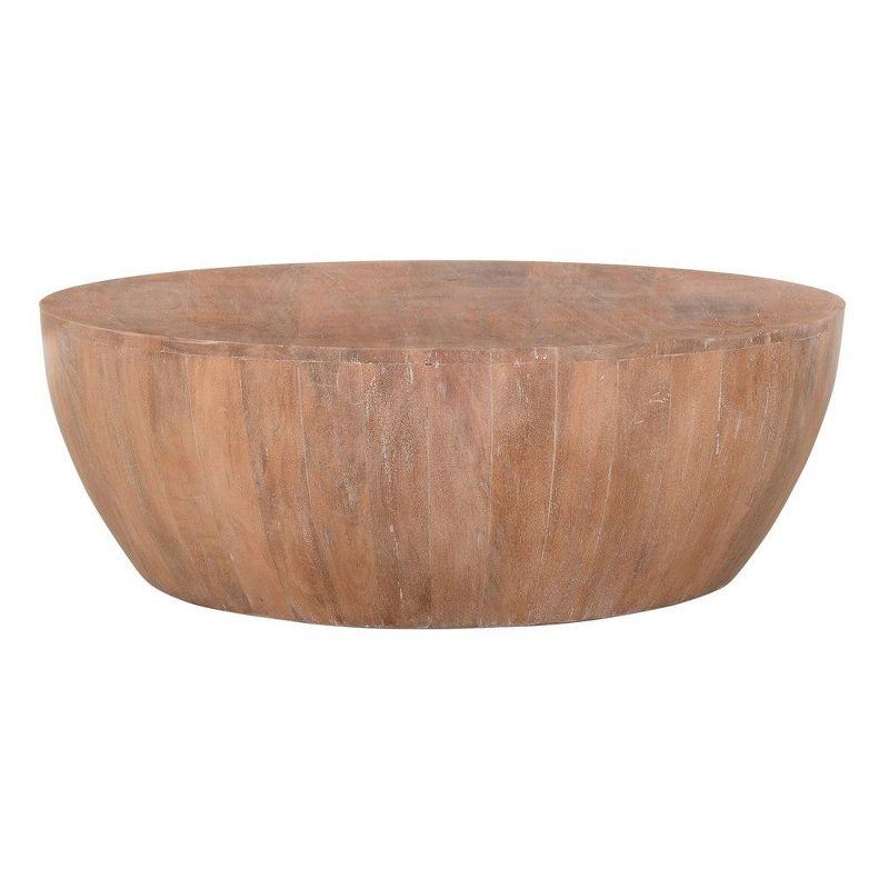 Arthur Drum Shape Wooden Coffee Table with Plank Design Base, Distressed Brown - UPT-32182 Brown