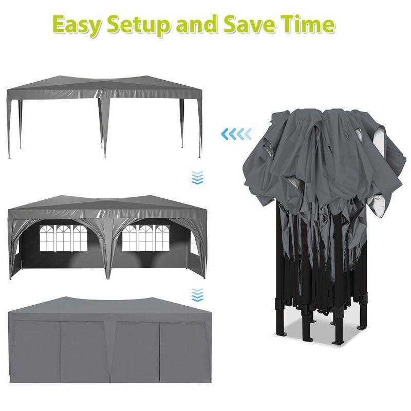 10x20in Pop Up Canopy, Canopy Tent With 6 Removable Sidewalls & Sand Bags & Pull Ropes, 12 Ground Stakes, Carry Bag, Gray