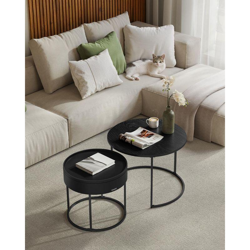 VASAGLE Round Coffee Tables, Set of 2 Nesting Tables, Modern Round Side Tables with Hidden Storage and Top Tray