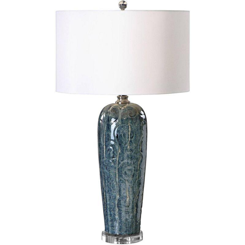 Heathered Blue Ceramic Table Lamp with White Drum Shade