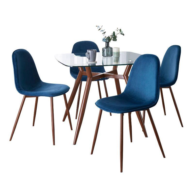 Mid-Century Modern Blue Velvet and Glass 5-Piece Dining Set