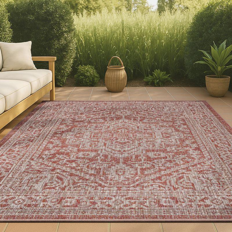 8'x10' Sinjuri Medallion Textured Weave Indoor/Outdoor Area Rug, Red/Taupe - JONATHAN Y