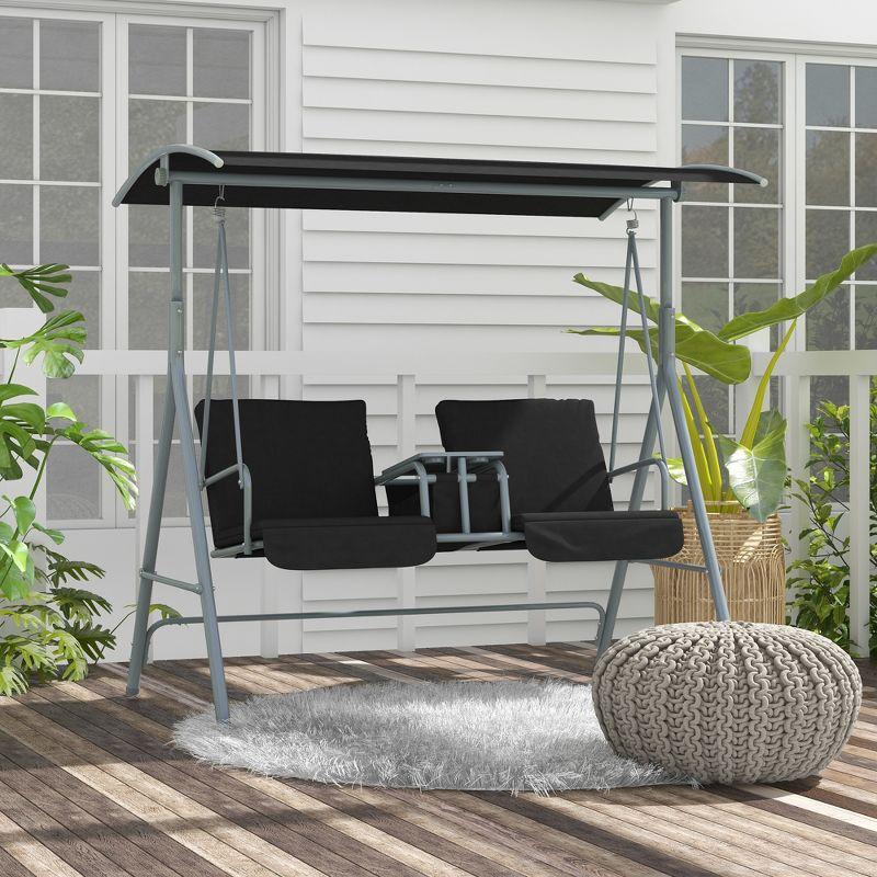 Outsunny 2 Person Porch Swing with Stand, Outdoor Swing with Canopy, Pivot Storage Table, 2 Cup Holders, Cushions for Patio, Backyard, Black