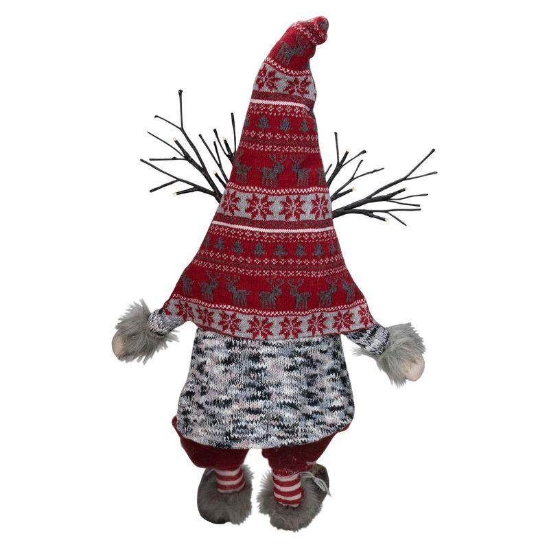 30" Red and Gray Fair Isle Sitting Gnome Christmas Figure with LED Antlers