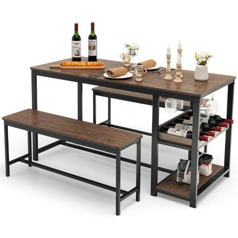 Rustic Brown and Black 3-Piece Dining Table Set with Storage