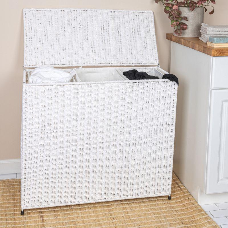 White Wicker 3-Compartment Laundry Sorter with Lid