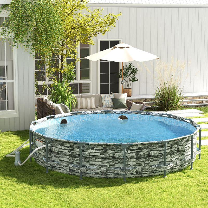 Outsunny 14' Gray Steel Frame Round Pool with Filter Pump