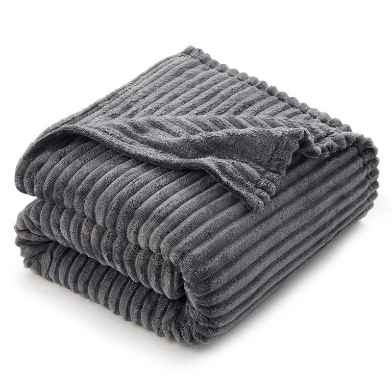 Gray Queen Size Plush Fleece Blanket with Ribbed Texture