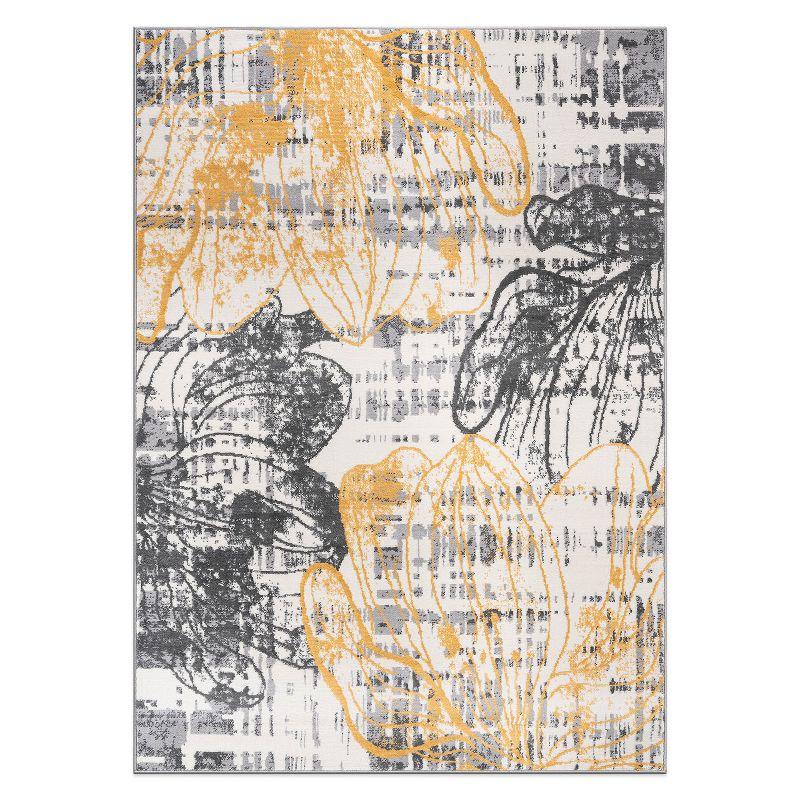 Yellow and Gray Floral Stain-Resistant 8' x 10' Area Rug