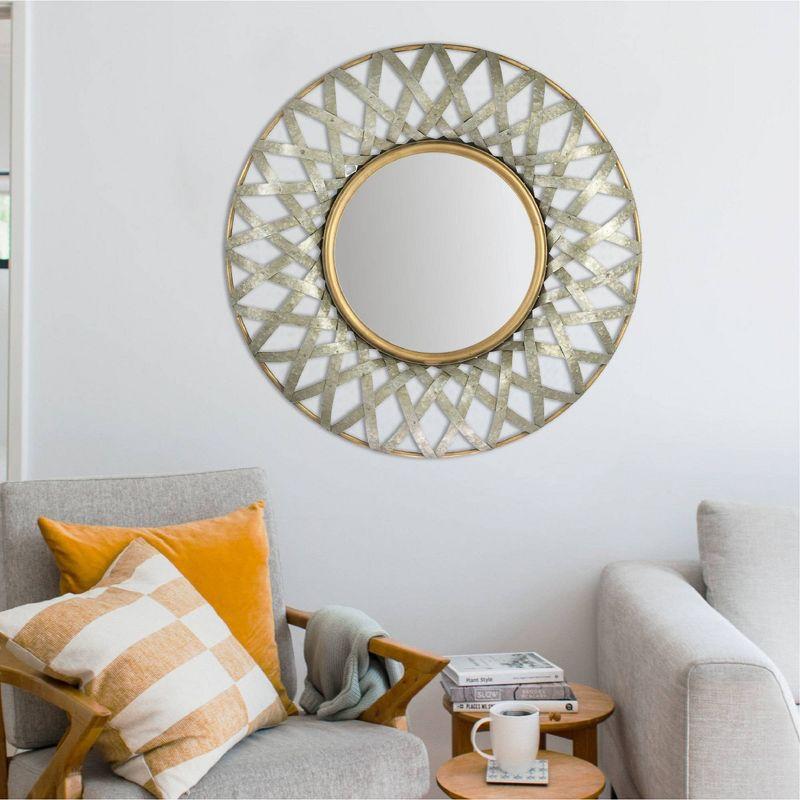 Round Metal Wall Mirror with Gold and Galvanized Finish - Storied Home: Iron Frame, No Assembly, Wall Mount