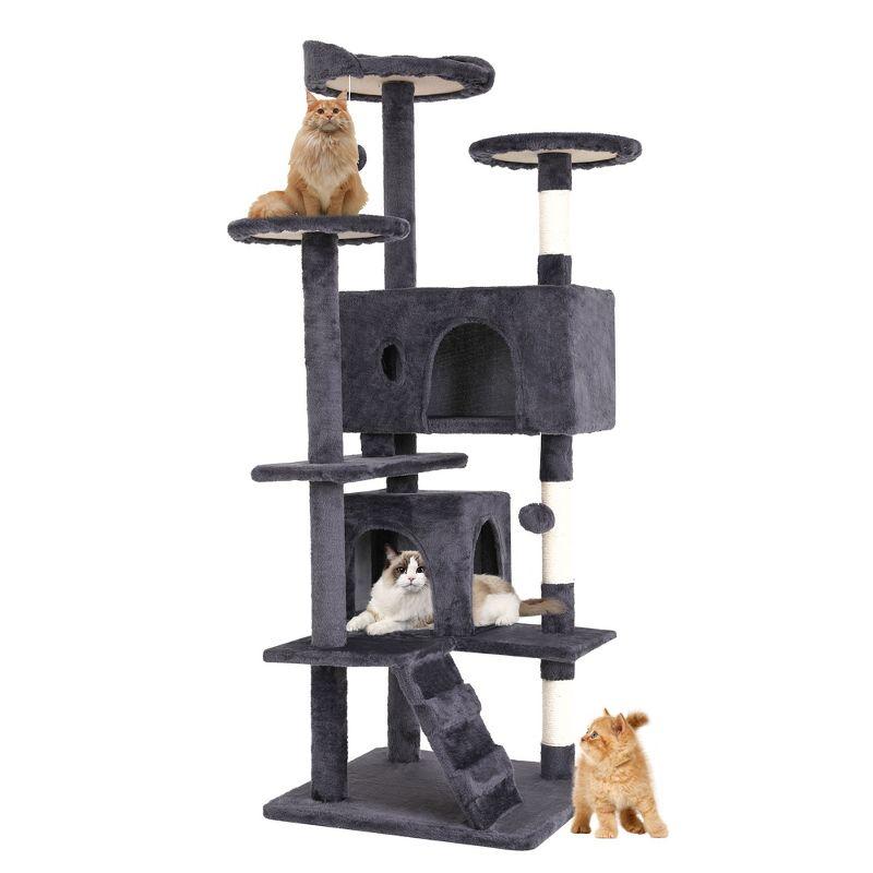 54" Gray Multi-Level Cat Tree Tower with Sisal Posts