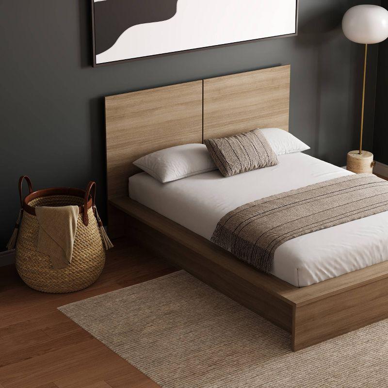 Nexera Full James Platfrom Bed with Headboard Brown Oak: Modern Style, Particle Board Frame, No Box Spring Needed