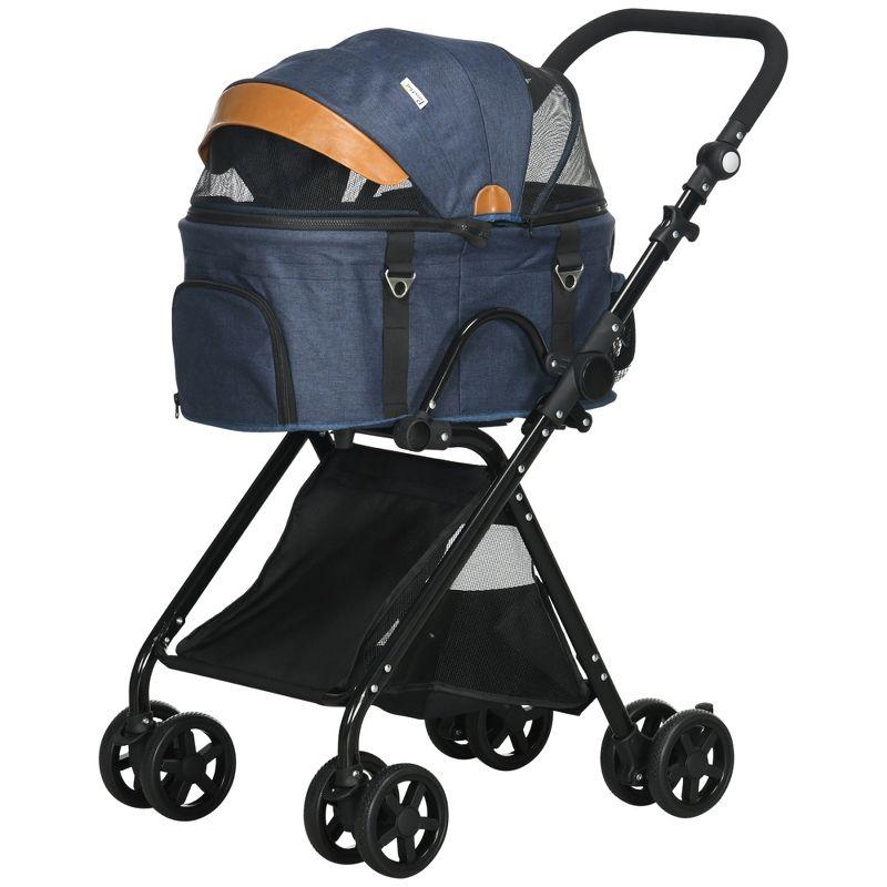 PawHut 2 in1 Foldable Pet Stroller and Detachable Travel Carriage with Lockable Wheels, Adjustable Handlebar Canopy and Zippered Mesh Window