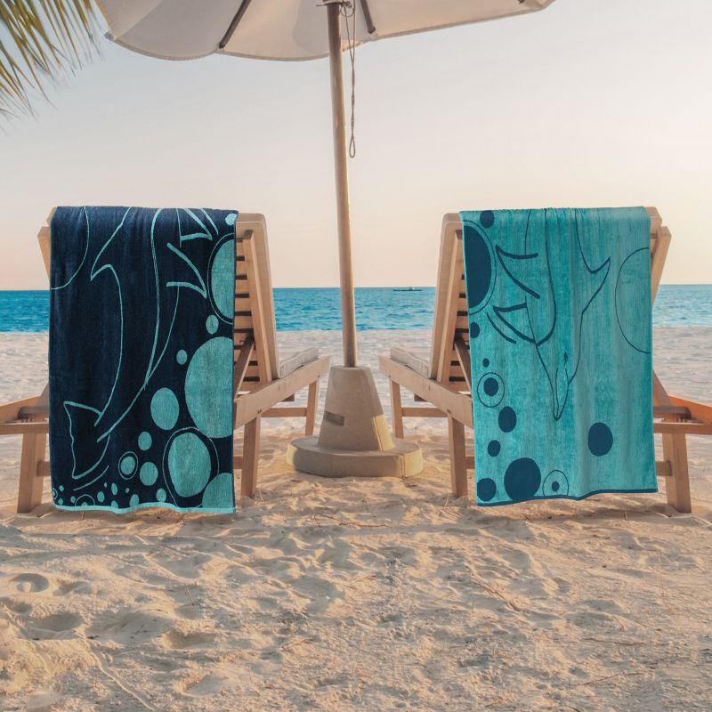 Mystic Dolphin Cotton Oversized Reversible Beach Towel Set of 2, Teal - Blue Nile Mills