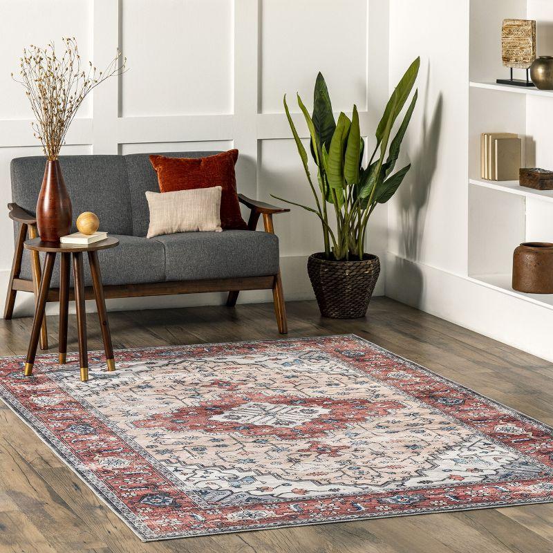 Ivory and Rust 4' x 6' Washable Synthetic Area Rug